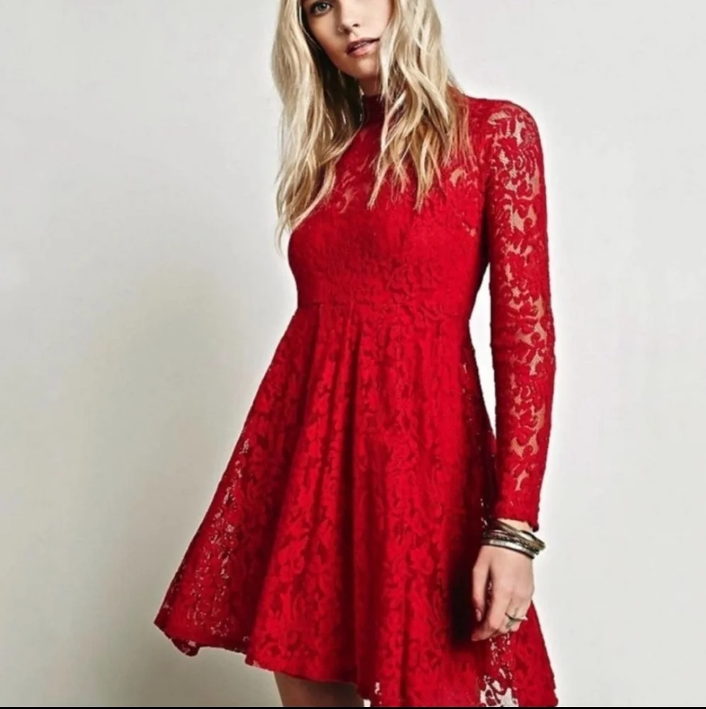 Free People Hearts Delight Red Lace Long Sleeve Dress - Picture 1 of 9